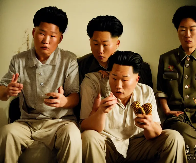 Image similar to hyperralism pineapple express movie still photography of real detailed north korean kim chen with detailed face smoking detailed weed joint in basement bedroom photography by araki nobuyoshi