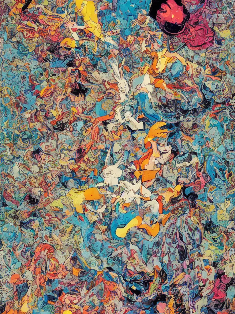 Prompt: chasing the white rabbit by james jean, comicbook cover, bright and colorful, fractals