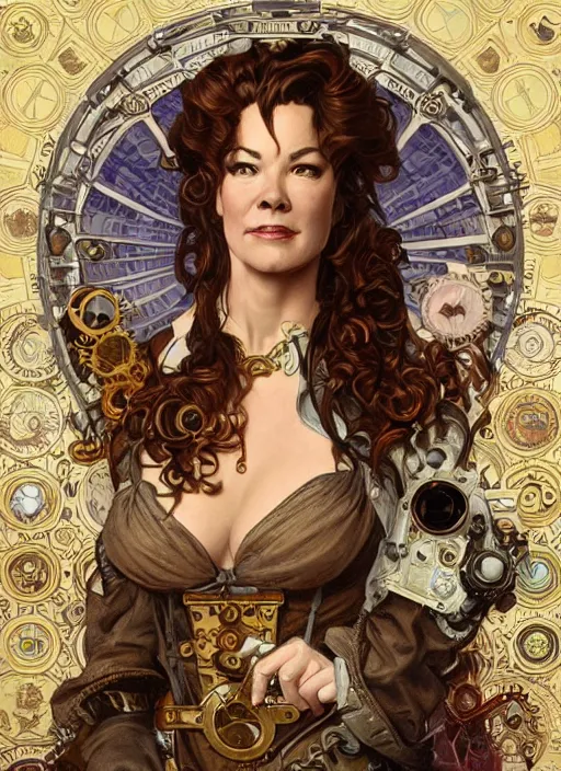 Prompt: Claudia Christian as a beautiful steampunk woman, intricate, elegant, highly detailed, centered, digital painting, artstation, concept art, smooth, sharp focus, illustration, art by artgerm and donato giancola and alphonse mucha