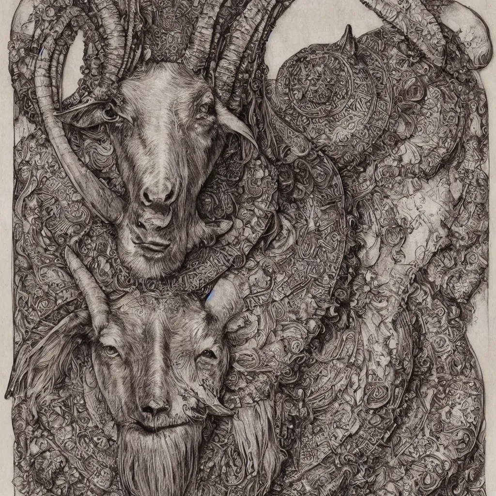 Image similar to beautiful ceremonial bilaterally symmetrical goat mask, fibonacci flow, acroteria, encarpus, shield emblem, large medium and small elements, by russ abbott, albrecht durer, artgerm, rutkowski