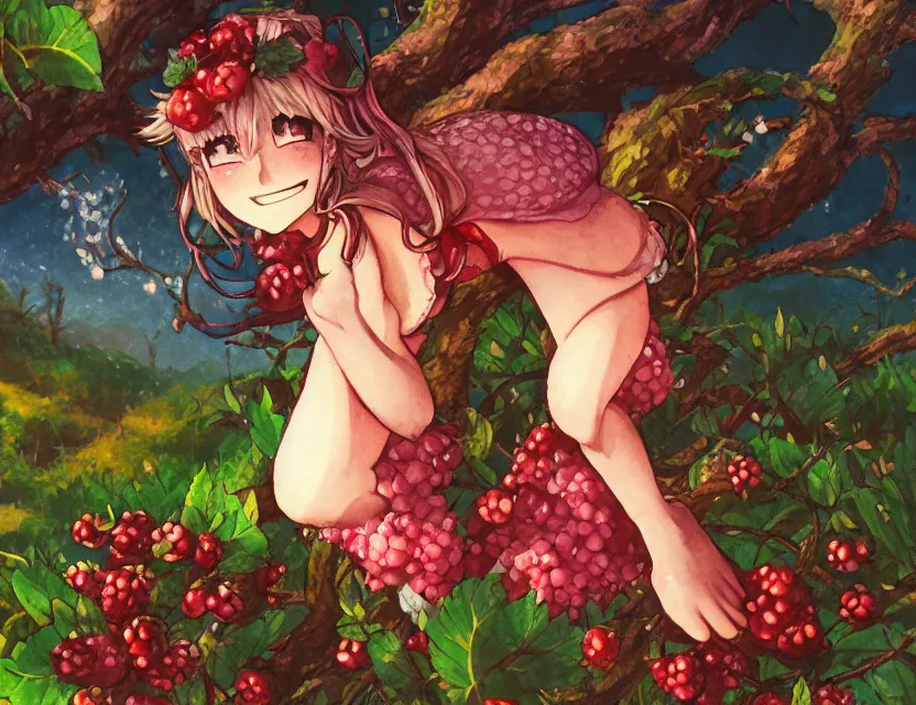 Prompt: berry priestess of the shortcake mountains. gouache by award - winning mangaka, chiaroscuro, intricate details, bokeh, backlighting, field of depth