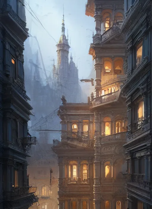 Prompt: a building with architecture never seen before by peter kuczia, very detailed, intricate details, complimentary colors, perfect lighting, perfect composition, aesthetic, masterpiece, award winning, artstation, darek zabrocki, greg rutkowski, artgerm, 4 k