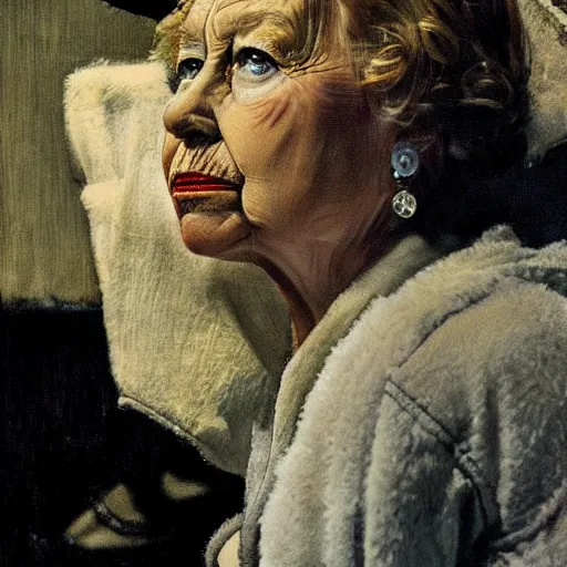 Prompt: close - up portrait of queen elizabeth painted as a sad beggar by norman rockwell, dramatic lighting