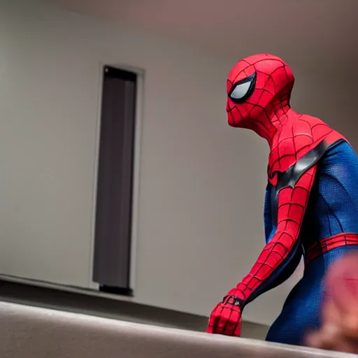 Image similar to close shot of spider man taking antibiotics