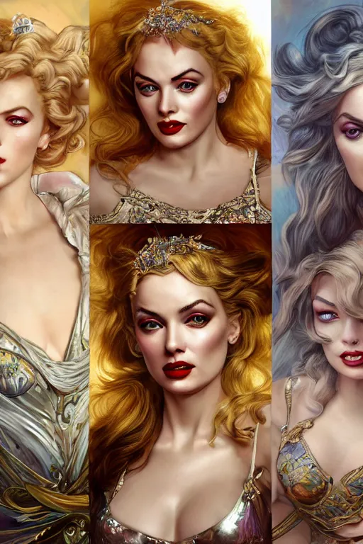 Image similar to ultra realistic illustration, a stunningly beautiful greek goddess of chaos played by marilyn monroe and christina hendricks and margot robbie and taylor swift and megan fox and emma stone and britney spears, intricate, elegant, highly detailed, digital painting, artstation, concept art, smooth, sharp focus, illustration, art by artgerm and greg rutkowski and alphonse mucha