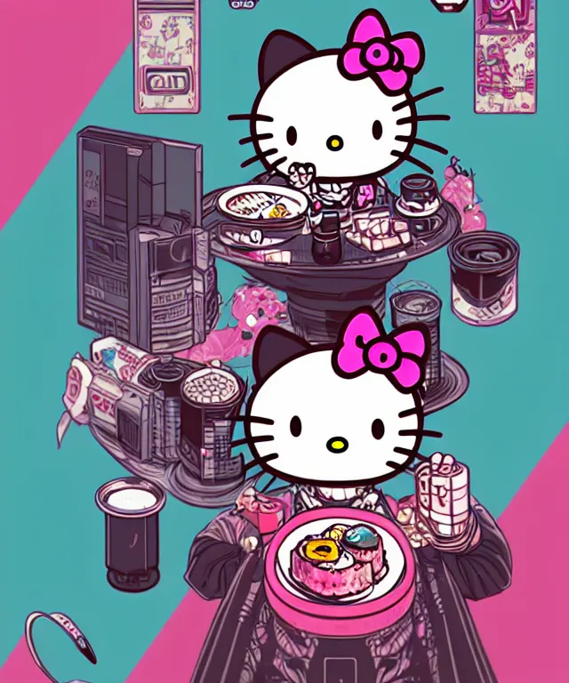 Image similar to a portrait of an anthropomorphic cyberpunk hello kitty eating sushi, cyberpunk!, fantasy, elegant, digital painting, artstation, concept art, matte, sharp focus, illustration, art by josan gonzalez