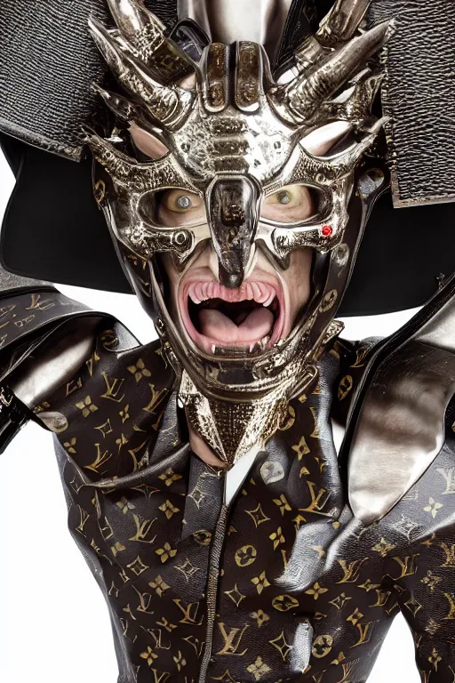 Image similar to very ashamed and angry demon envoked by louis vuitton for modeling in louis vuitton armor, luxury materials, symmetrical, cinematic, elegant, professional studio light, real dlsr photography, sharp focus, 4 k, ultra hd, sense of awe, high fashion