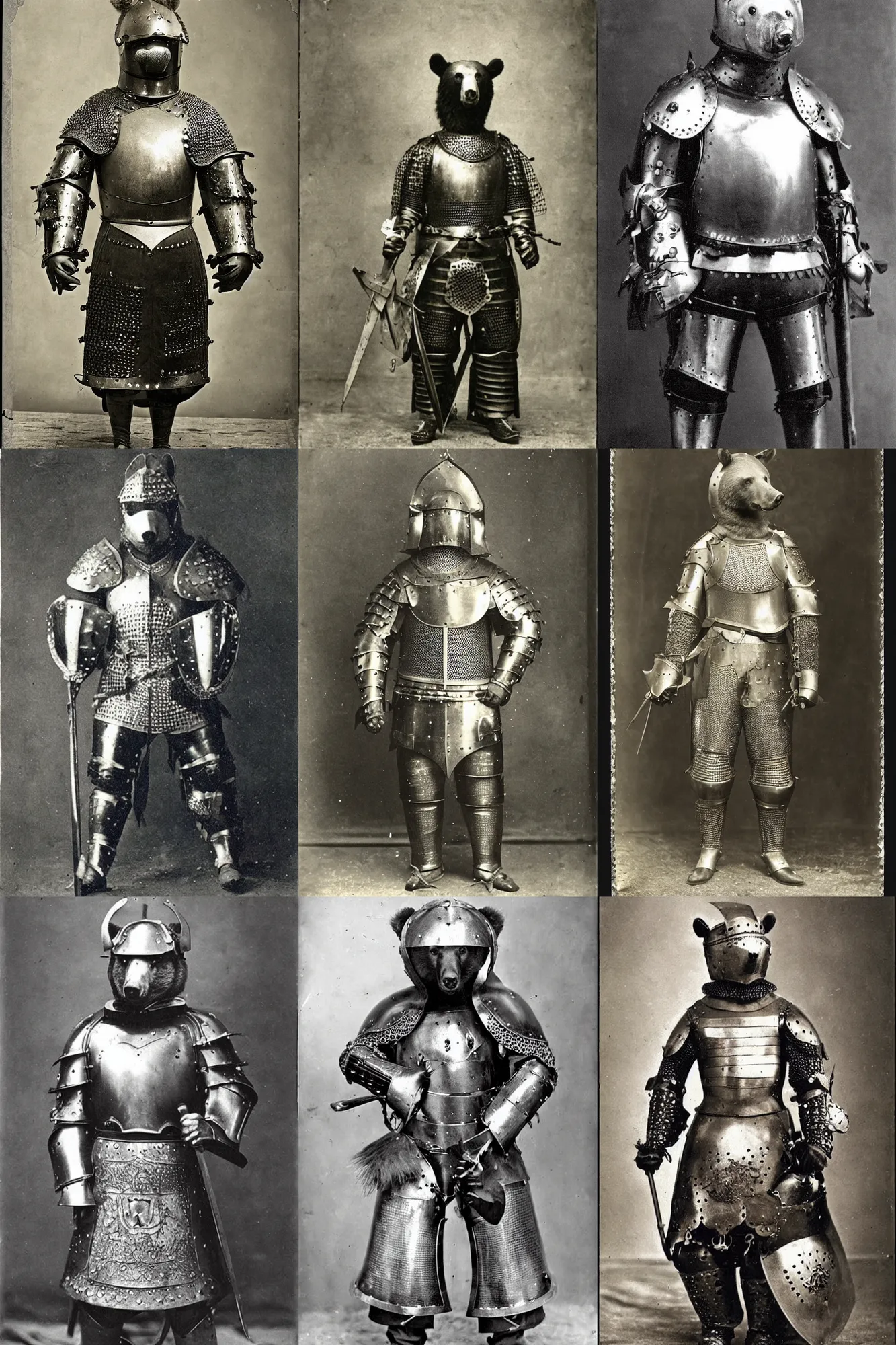 Prompt: “bear in full medieval armour, 1900’s photo”