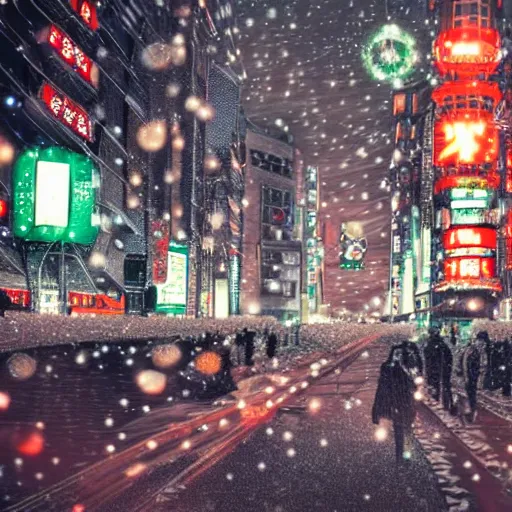 Prompt: illustration of tokyo with many lights and lens flares, snowy winter christmas night