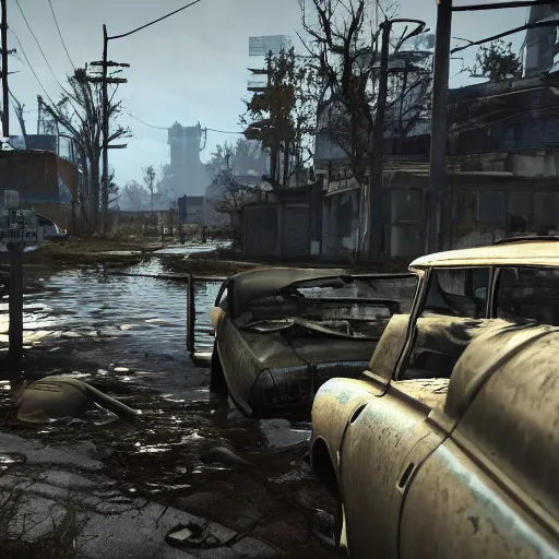 Prompt: atlanta flooded and in ruins post - nuclear war in fallout 4, in game screenshot