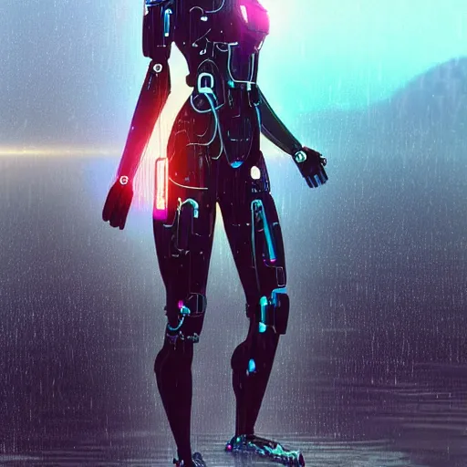 Prompt: a beautiful cyborg - angel girl standing on a lake, rainfall, biomechanical details, digital cyberpunk anime art, full body shot!!, reflections, lens flare, 1 6 k resolution, wlop!!, ilya kuvshinov, artgerm, krenz cushart, greg rutkowski
