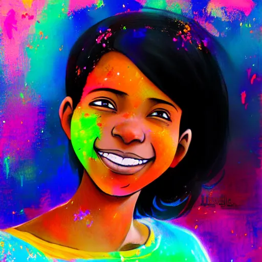 Image similar to portrait of a smiling black girl with short hair at the holi festival, By makoto shinkai, by leiji Matsumoto, by Julie Bell