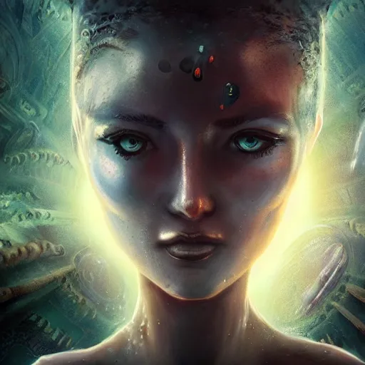 Prompt: Mysterious city under water. The Lost World of Atlantis. Alien marine beautiful woman looks at us. Big eyes, small genus, smile. Forehead tattoo. . Digital art. Super detail, 4k, wow, artstation trending