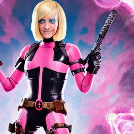 Image similar to A still of Gwenpool in Deadpool 3 (2023), no mask, blonde hair with pink highlights