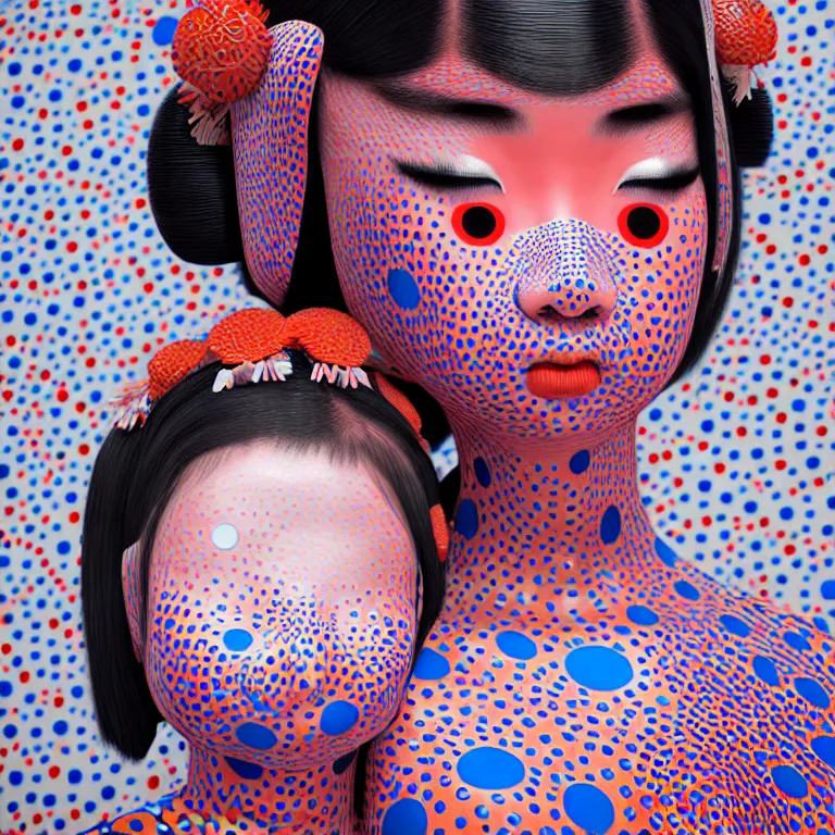 Image similar to hyperrealistic detailed image of a geisha in a art installation room, hd smooth interior by yayoi kusama, part by kei mieno, part by ross tran, dark art by james jean, ultra realistic, highly detailed, life like face, detailed body, 8 k, 3 d render by roger magrini, very cohesive, masterpiece