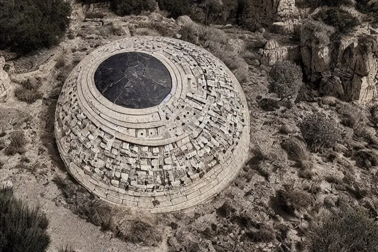 Image similar to old photograph of a gigantic paleolothic sphere made of stone with highly detailed carvings of intricate shamanic robotic electronics and circuits, in a mediterranean lanscape, inside a valley overlooking the sea, by michal karcz, mediterranean island scenery, mediterranean vista