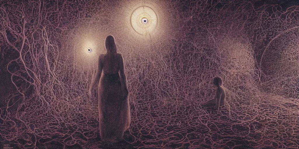 Image similar to a multiverse interpretation of a single scene with a girl, quantum physics, neon explosion of light, zdzislaw beksinski, by ernst haeckel, 8 k concept art, incredible masterpiece