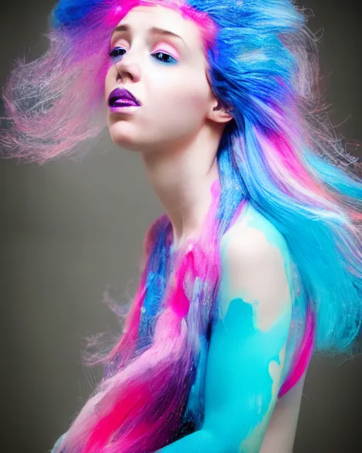 Image similar to a dramatic lighting photo of a beautiful young woman with cotton candy hair. paint splashes. with a little bit of cyan and pink