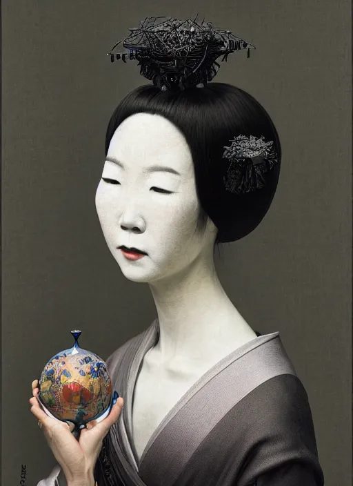 Image similar to portrait of a melancholic geisha, parallax, studio portrait against a black background, modern fine art, fractal, intricate, elegant, highly detailed, digital photography, subsurface scattering, by jheronimus bosch and yue minjun and greg rutkowski,