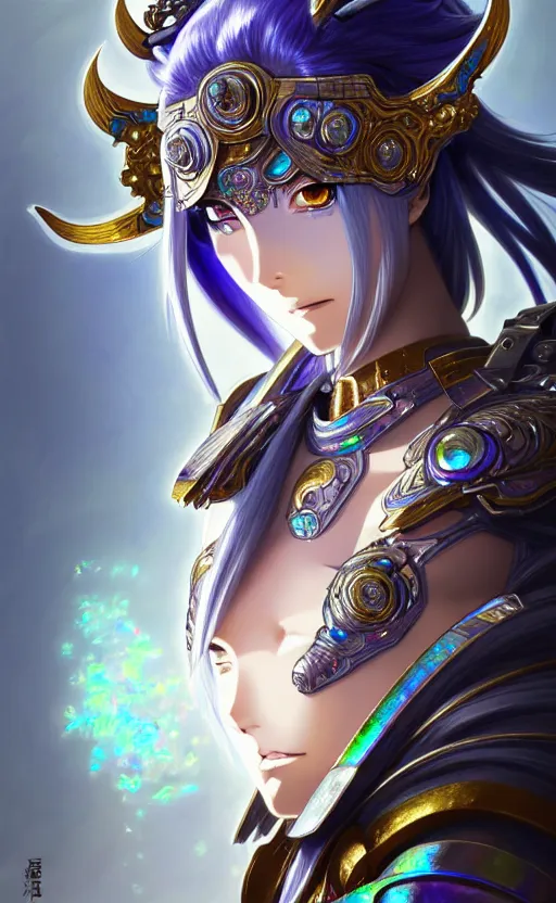 Image similar to anime iridescent opal cyborg shinobi warrior, intricate ornate details, morandi color scheme, hd, illustratio, splash art, fantasy, elegant, highly detailed, wide angle, digital painting, artstation, concept art, smooth, sharp focus, illustration, wallpaper, art by artgerm and greg rutkowski and alphonse mucha and jin xiaodi