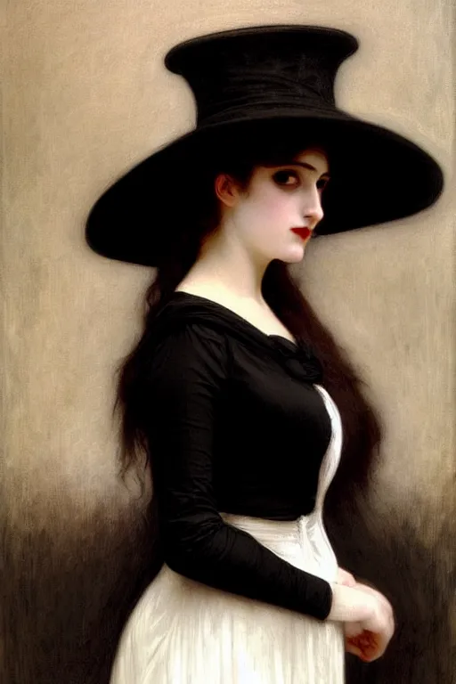 Image similar to victorian vampire in a big black hat, white dress, painting by rossetti bouguereau, detailed art, artstation