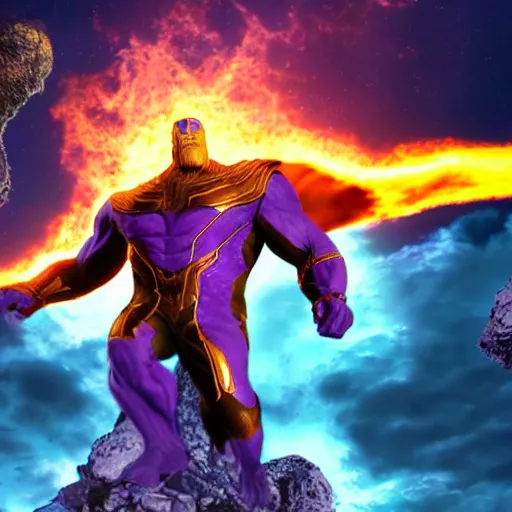 Image similar to thanos setting the world on fire digital art 4k quality super realistic