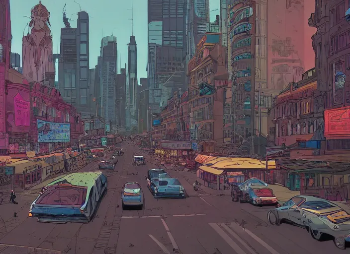 Image similar to a view of a city at street level, no cars. sharp focus, cinematic pose, cinematic lighting, unreal engine render. art by josan gonzales and moebius and deathburger.