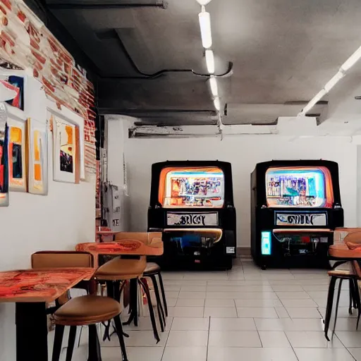 Prompt: photo of a white cafe interior with arcade machines, and retro art on the white walls