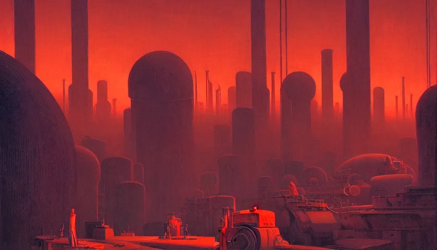 Prompt: a giant weird industrial zone with strange lights in the background, in the style of beksinski, by edward hopper and rodcenko and yue minjun and cory loftis, intricate and epic composition, red by caravaggio, highly detailed, masterpiece, artstation, art nouveau