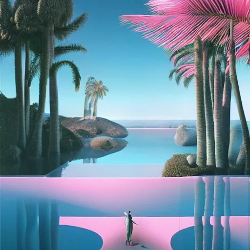Image similar to hyperrealistic geometric objects in a surreal minimalistic 8 0's dreamscape environment by salvador dali, enormous emoji, highly detailed, 3 d render, octane, beautiful lighting, photorealistic, intricate, elegant, wayne barlowe, water, mirrors, pink doorway, beautiful, masterpiece, trending on artstation, palm tree