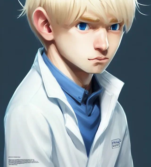 Image similar to character concept art of a cute young german boy with blond hair and bluish eyes, wearing a laboratory wear. lovely - fine - face, pretty face, key visual, realistic shaded perfect face, fine details by rossdraws, james jean, andrei riabovitchev, marc simonetti, sakimichan, trending on artstation