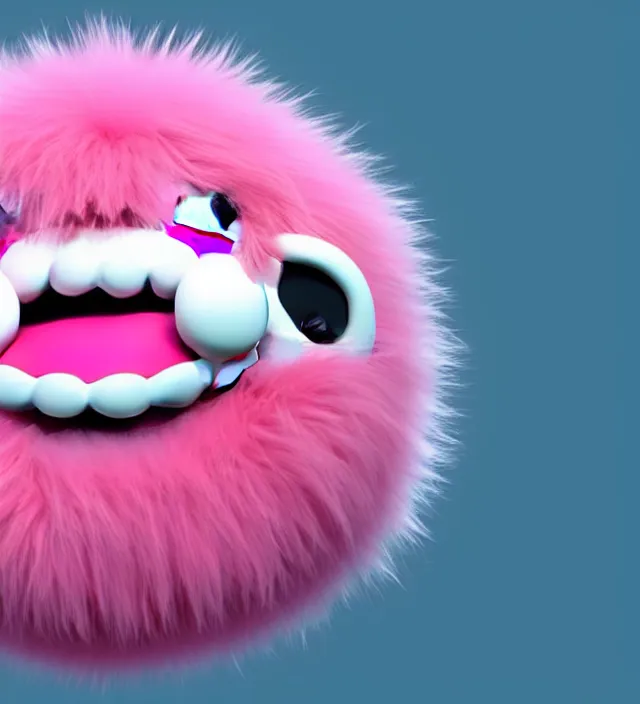 Prompt: high quality 3 d render hyperrealistic very cute big pink little spherical creature with big happy mouth, smile, plush mascot, short spiky dense fluffy smooth hair, isometric view, pink fluffy fur, 1 5 0 mm, beautiful natural soft light, rim light, smooth background, artstation, ultra detailed, elegant, ultra detailed, metallic armor, octane render