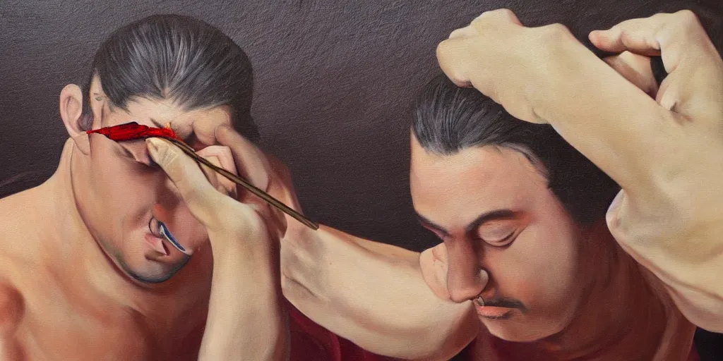 Prompt: a surreal painting of a man removing a nail from the middle of his forehead where he has a third eye