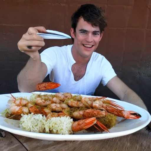 Image similar to an attractive man with brown hair eating shrimp while riding a cow