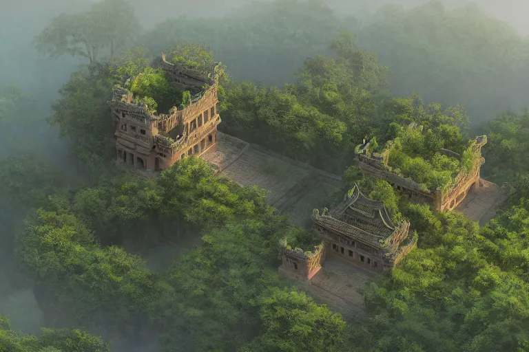 Prompt: giant ancient chinese castle in an forest with some ivy plants on the walls, by zhang zeduan, qiu ying, tang yin, cinematic, epic, dramatic lighting from above, dark, vines, fantasy, dust, unreal engine, octane, highly detailed, concept art, dark, super realistic