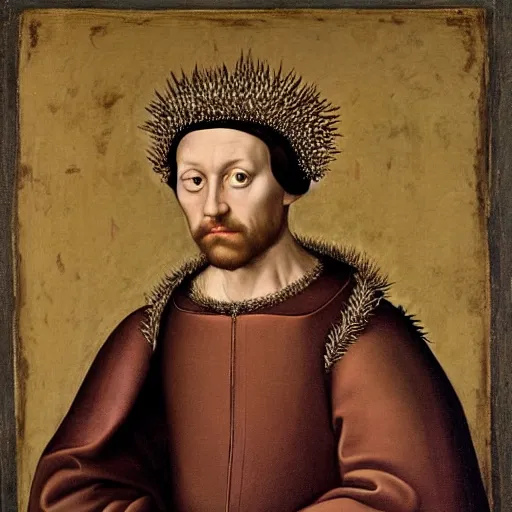 Image similar to a renaissance style portrait of a hedgehog king wearing a crown and a cape, dark background