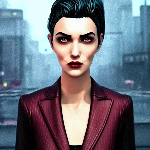 Prompt: epic cartoon women portrait made out of rain, pinstripe suit, short hair, cyberpunk background, rendered in octane, unreal engine, highly detailed, trending on artstation, realistic, splashes of neon, beautiful