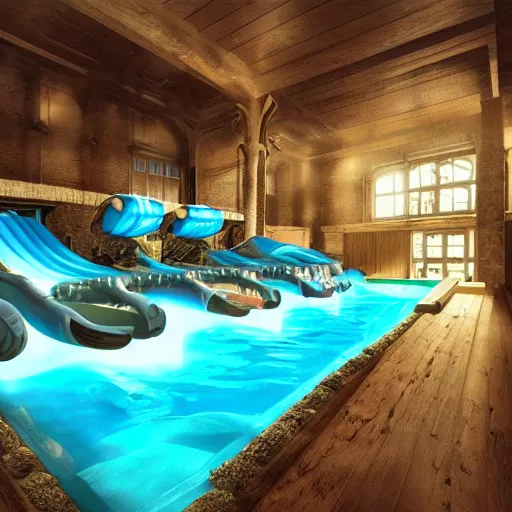 Image similar to waterslides in a house, digital art, cinematic lighting, epic composition, highly detailed