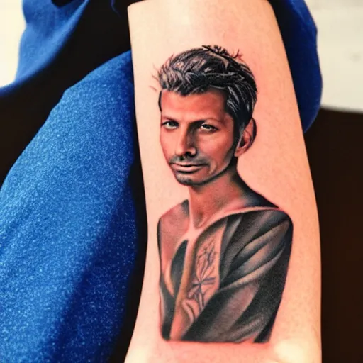 Image similar to tattoo on arm of jeff goldblum, cinestill, 800t, 35mm, full-HD