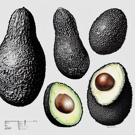 Image similar to anatomy of a avocado, da vinci notes, ultradetailed, anatomy study, artstation