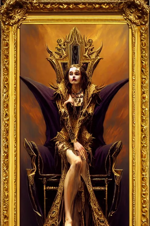 Image similar to full body portrait of beautiful vampire queen in gold gothic robe sitting on a throne of bones, elegant, highly detailed painting by gaston bussiere, craig mullins, j. c. leyendecker, 8 k, mid shot