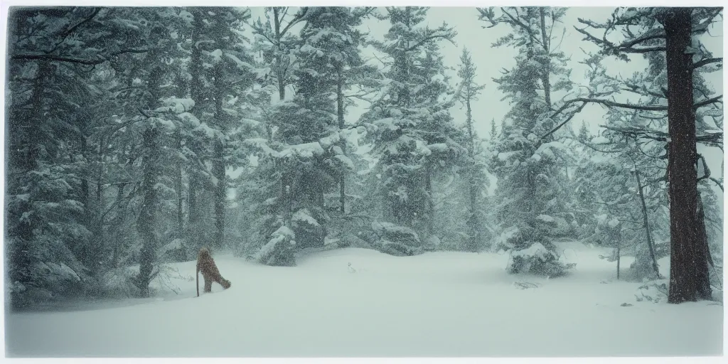 Image similar to photo, bigfoot is hiding in the background, barely able to be seen. cold color temperature, snow storm. hazy atmosphere. humidity haze. kodak ektachrome, greenish expired film, award winning, low contrast