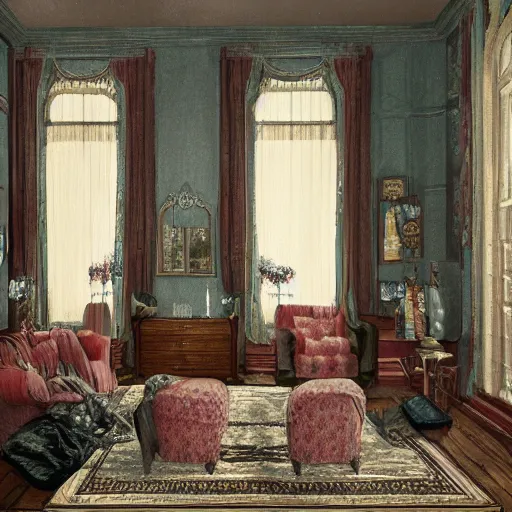 Prompt: interior of a living room, victorian style, photorealist, 4 k