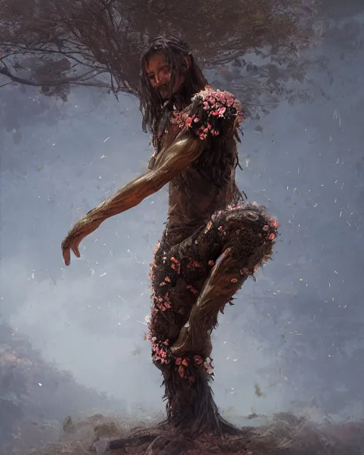 Prompt: person made of tree, bark for skin, leaf hair, covered in flowers, martial arts pose fantasy character portrait, full body, realistic beautiful face, greg rutkowski, gaston bussiere