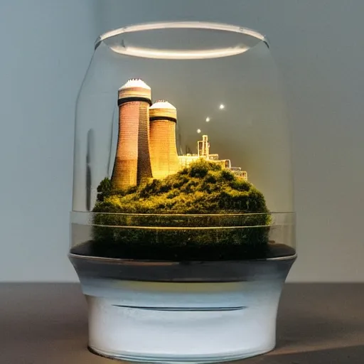 Prompt: a large terrarium with a diorama of a nuclear power station inside on top of a minimalist table, lit from the side