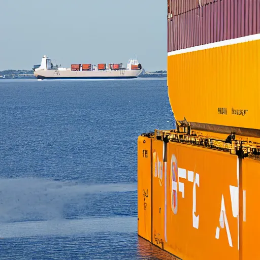 Prompt: close up ground - level side - view of a a hydrofoil container ship in baltimore maryland. the time is the golden hour and the water is very choppy. canon eos digital rebel xti, 1 0 0 - 3 0 0 mm canon f / 5. 6, exposure time : 1 / 1 6 0, iso 4 0 0