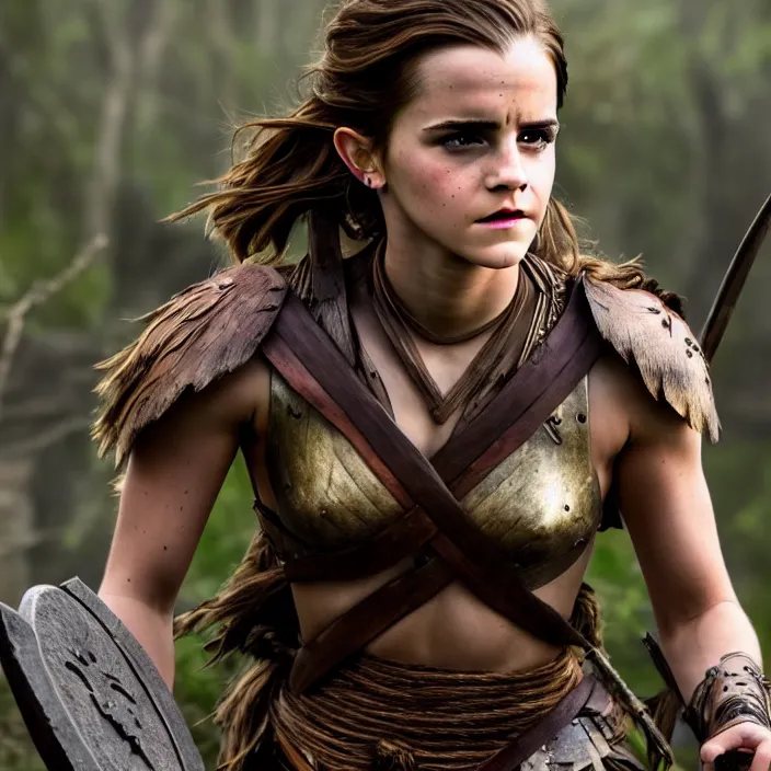 Prompt: full length photo of emma watson as an amazon warrior, highly detailed, 4 k, hdr, smooth, sharp focus, high resolution, award - winning photo