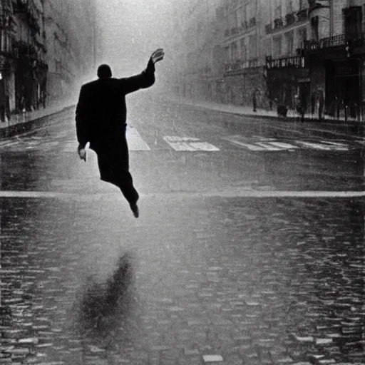 Image similar to the man leaping in a raining paris street, by henri cartier bresson,