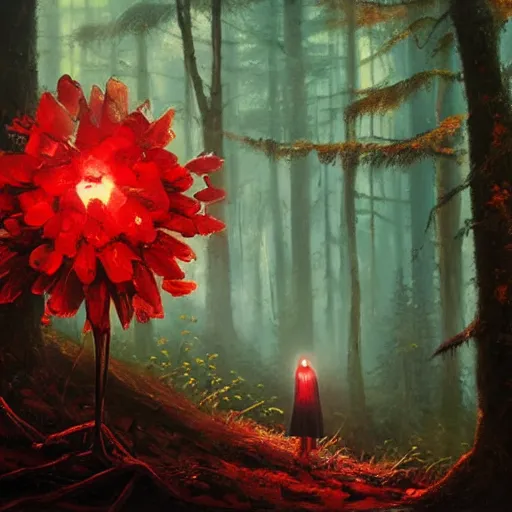 Image similar to A highly detailed oil painting of a blood red, crystal flower glowing bright red in the middle of a dark forest, by Greg Rutkowski.