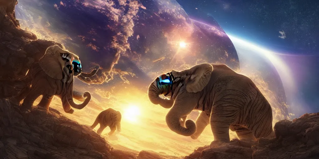 Image similar to planet - sized tiger elephant in space, next to the sun and stars, giant castle, very wide shot, epic composition, hyper detailed, digital art, trending in artstation, cinematic lighting, studio quality, unreal engine 5 rendered, art style by klimt and nixeu and ian sprigger and wlop and krenz cushart